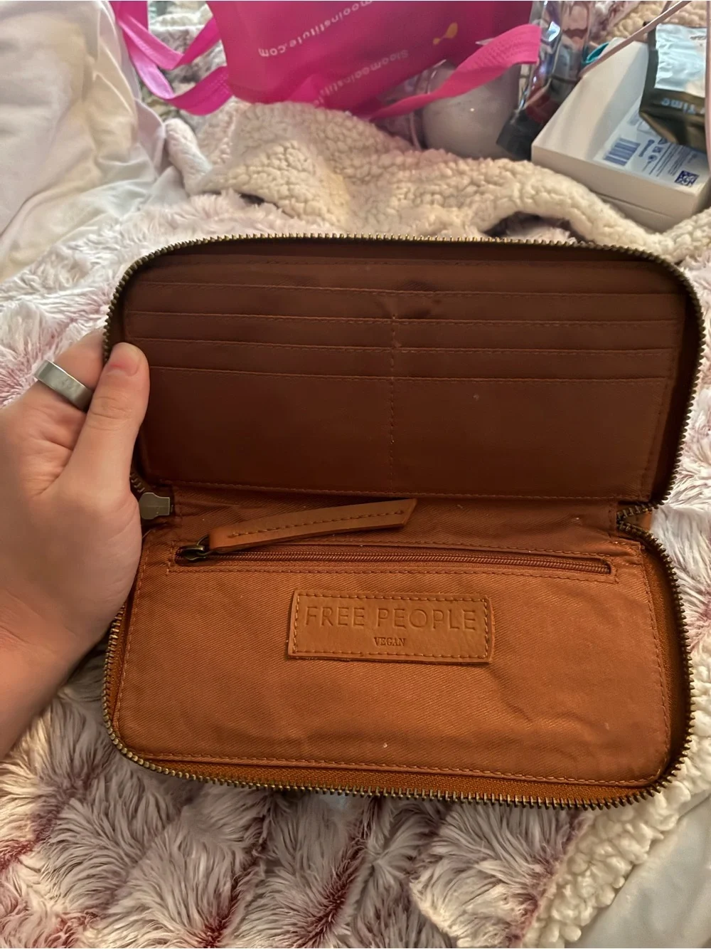 Free People Tan Leather Wristlet Wallet with Front Zip